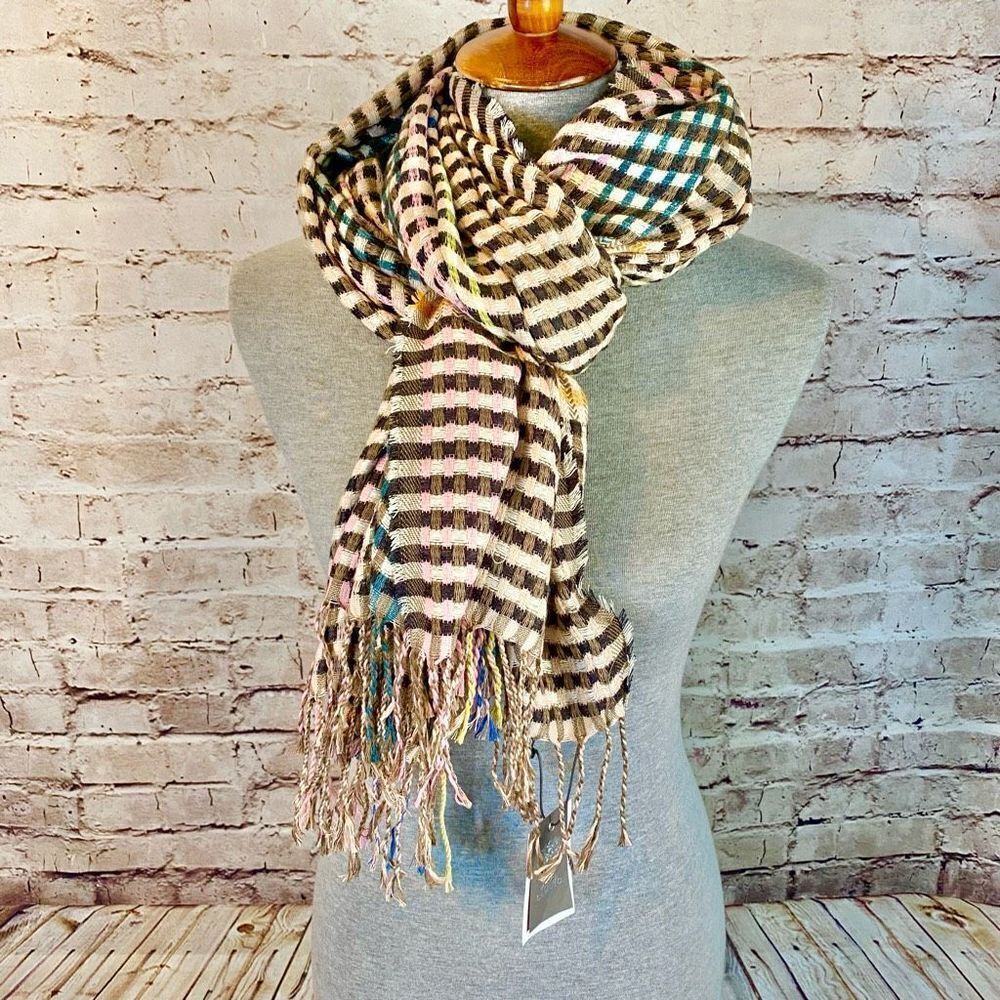Vince Camuto Womens Black Bright Plaid Check Fringe Scarf One Size NWT
